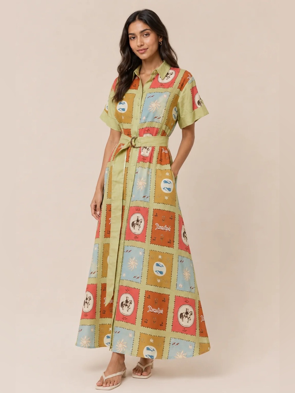 PALM NOOSA Maya Dress Maxi Shirt Dress with Patchwork Print, US2